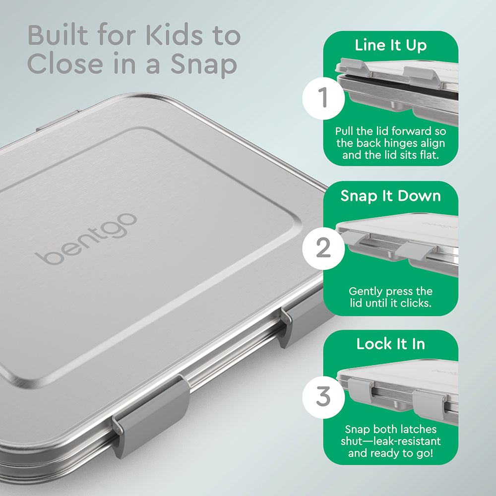 Bentgo® Kids Stainless Steel Lunch Box - Silver | Built for Kids to Close in a Snap | Line It Up, Snap It Down, and Lock It In