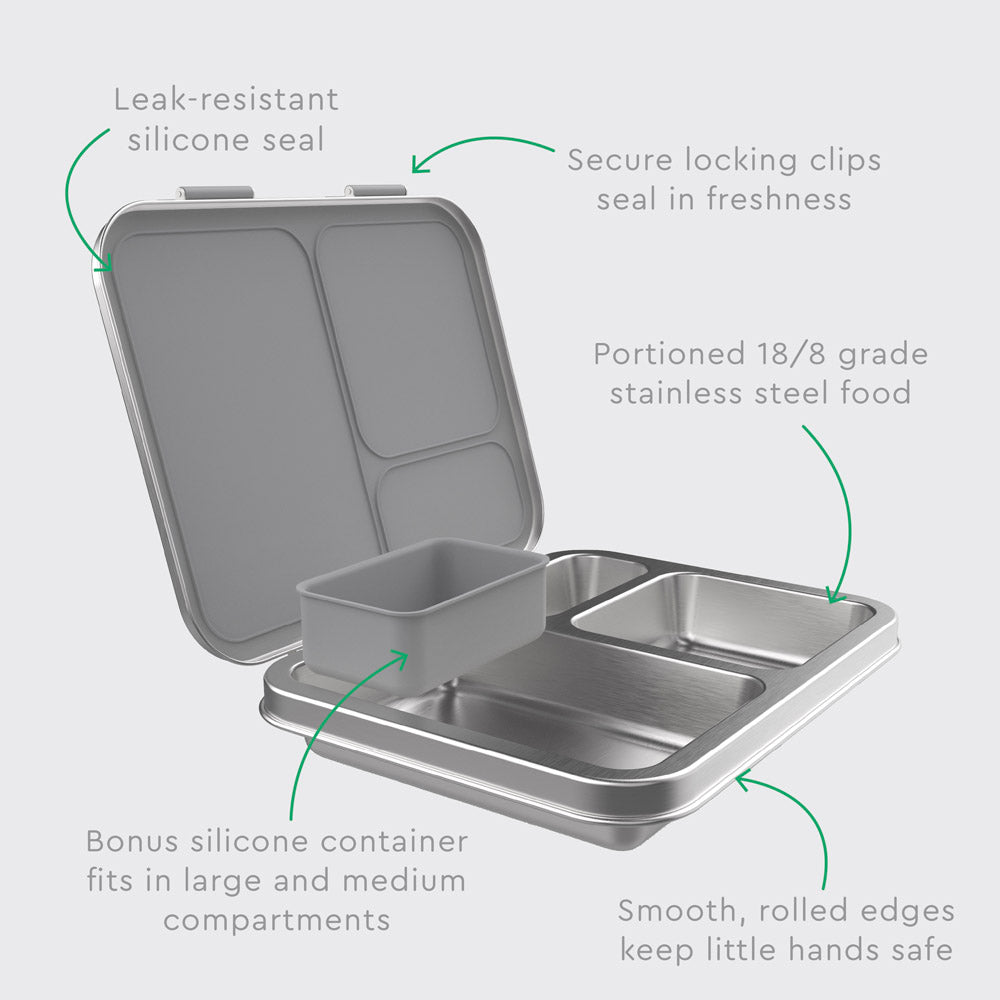 Bentgo® Kids Stainless Steel Lunch Box - Silver | Leak-Resistant Silicone Seal, Secure Locking Clips Seal In Freshness, Portioned 18/8 Grade Stainless Steel Food, Bonus Silicone Container Fits In Large And Medium Compartments, And Smooth, Rolled Edges Keep Little Hands Safe