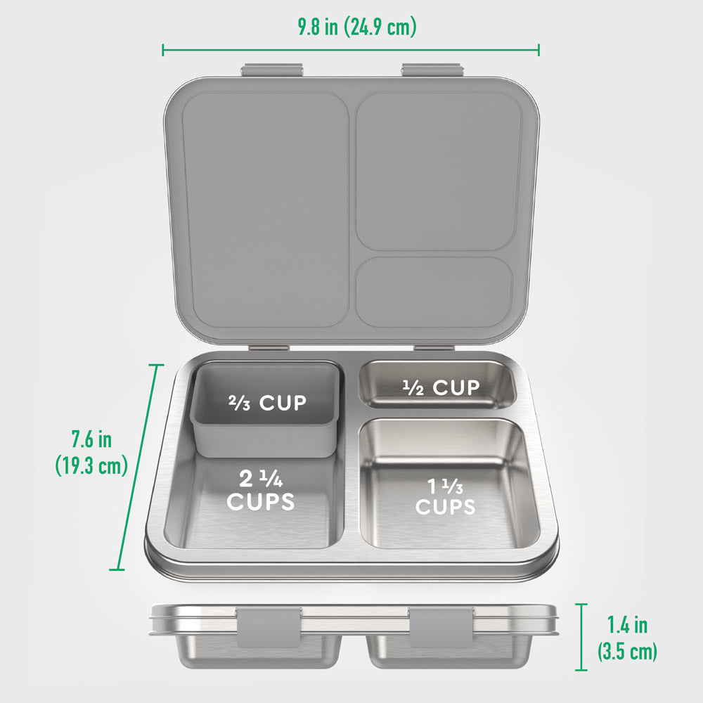Bentgo® Kids Stainless Steel Lunch Box - Silver | What’s In The Box + Dimensions