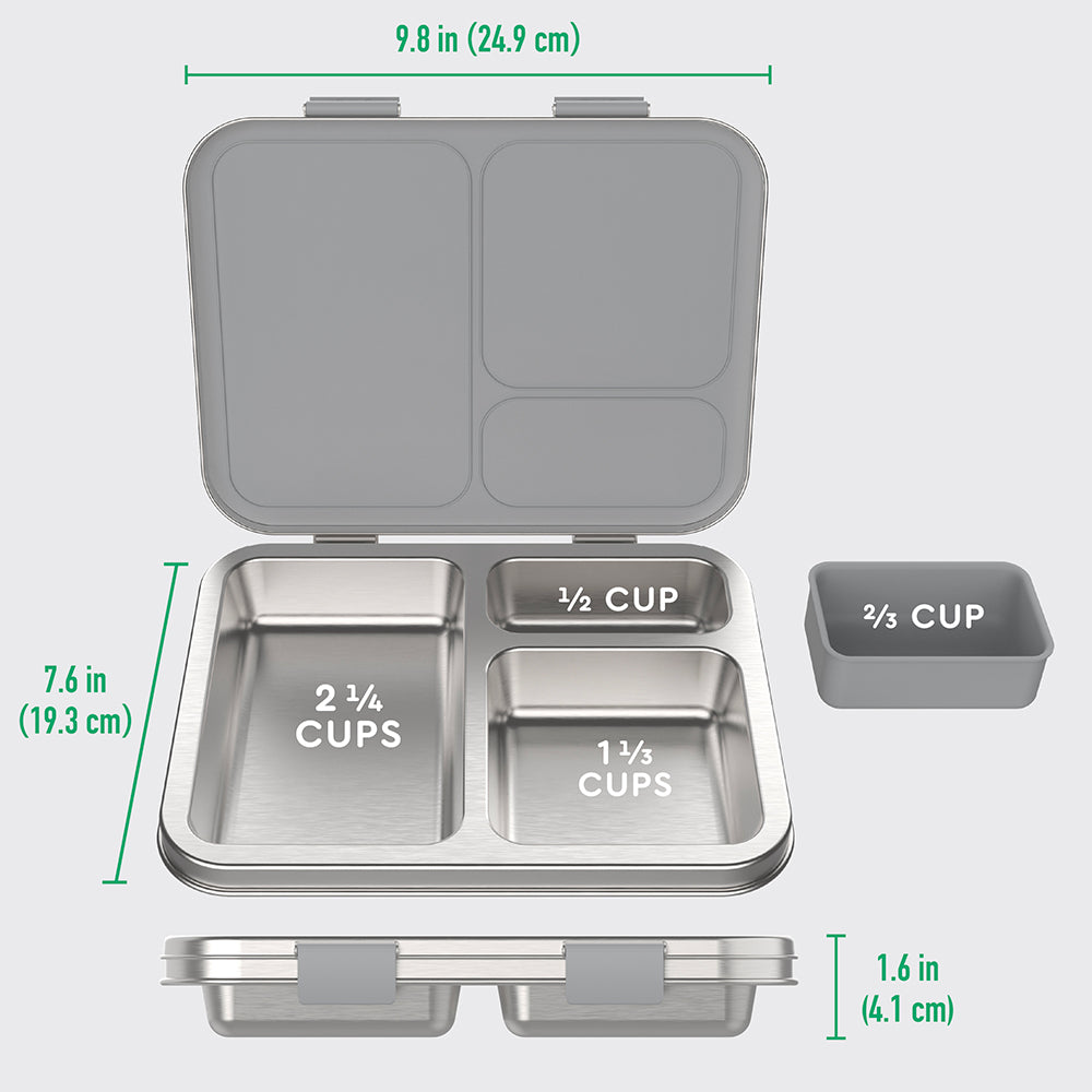Bentgo® Kids Stainless Steel Lunch Box - Silver | What’s In The Box + Dimensions