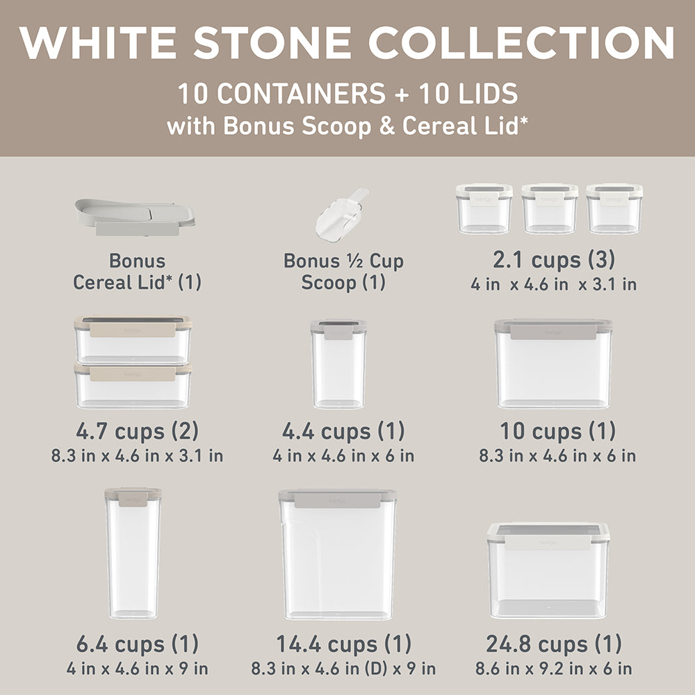 Bentgo® Pantry Airtight Food Storage Containers (22-pcs) - White Stone | Dimensions