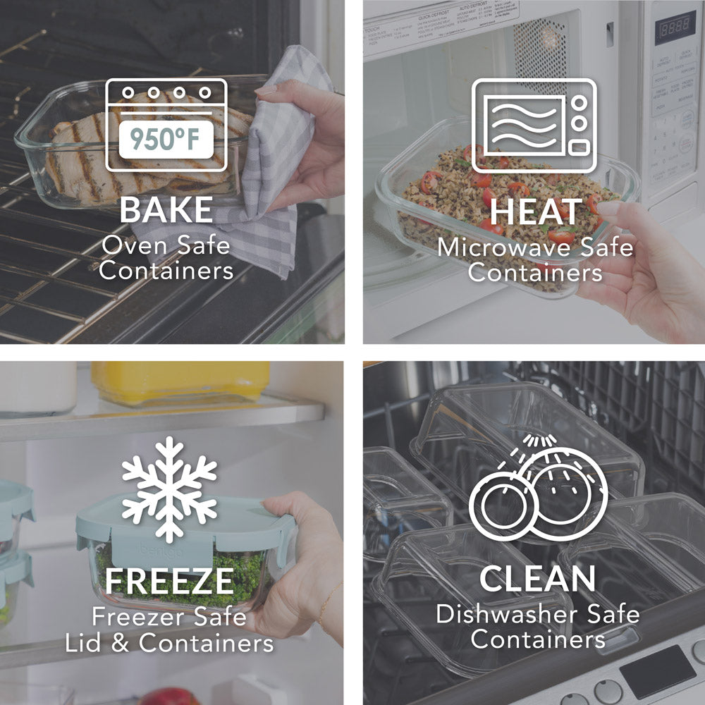 Bentgo® Glass Leak-Proof Food Storage Set (8-Piece) - Soft Aqua | Oven Safe, Microwave Safe, Freezer Safe, And Dishwasher Safe Containers