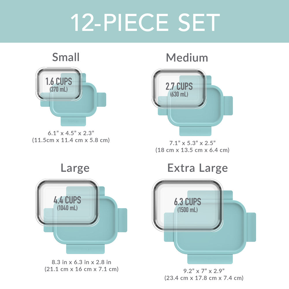 Bentgo® Glass Leak-Proof Food Storage Set (12-Piece) - Soft Aqua | Dimensions