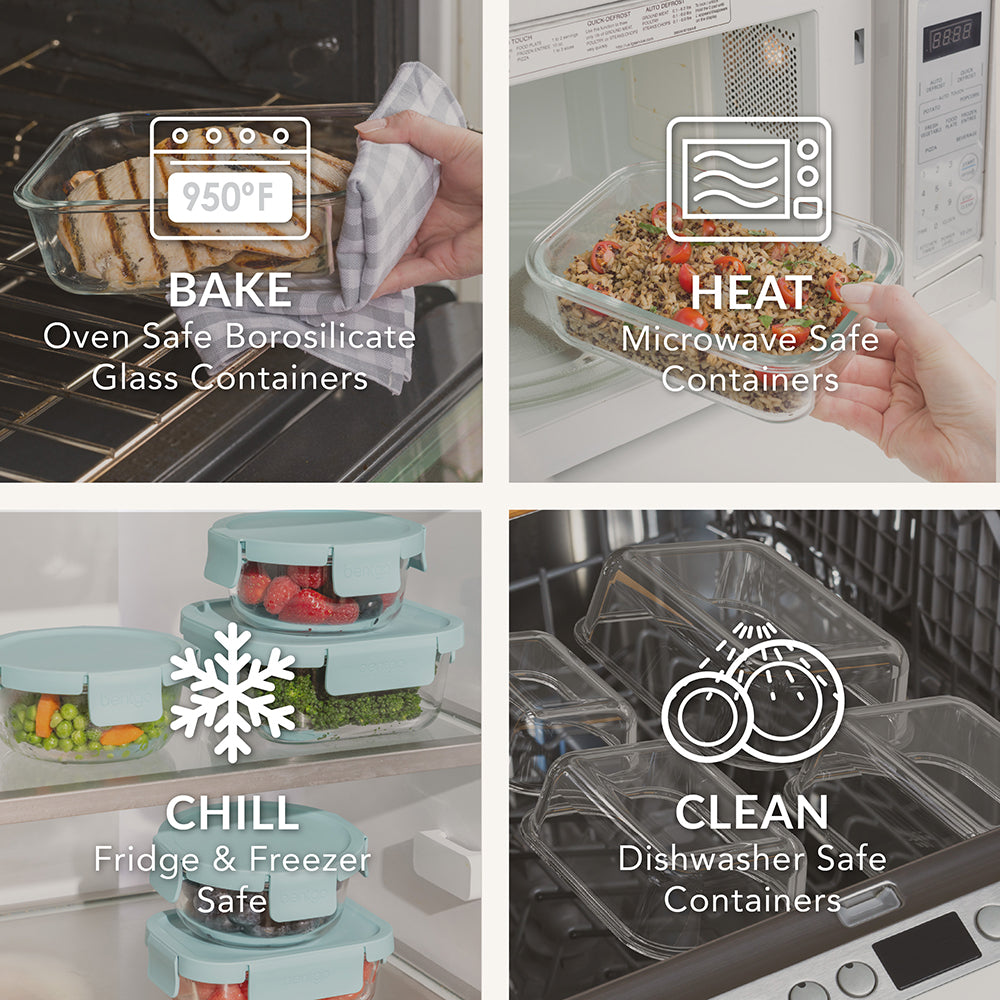 Bentgo Glass Leak-Proof Food Storage Set (14-Piece) - Soft Aqua | Oven-Safe, Microwave Safe, Fridge & Freezer Safe, And Dishwasher Safe