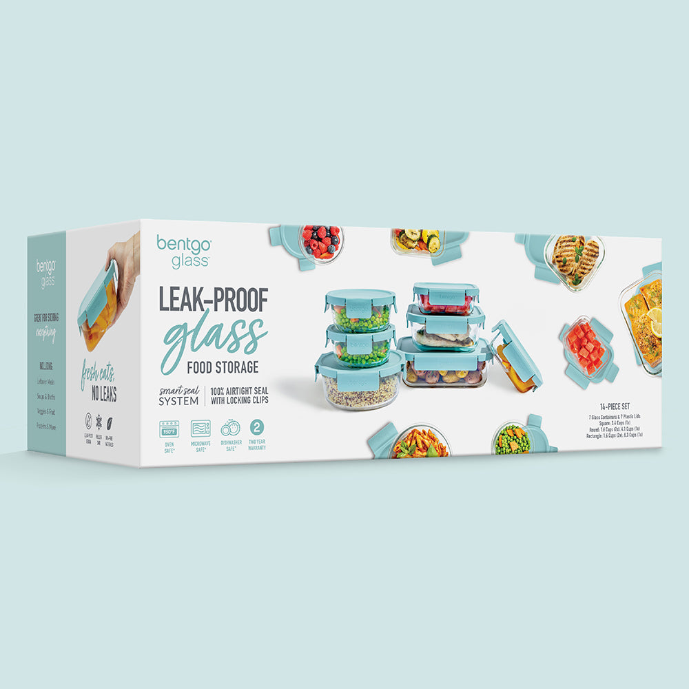 Bentgo Glass Leak-Proof Food Storage Set (14-Piece) - Soft Aqua | Packaging