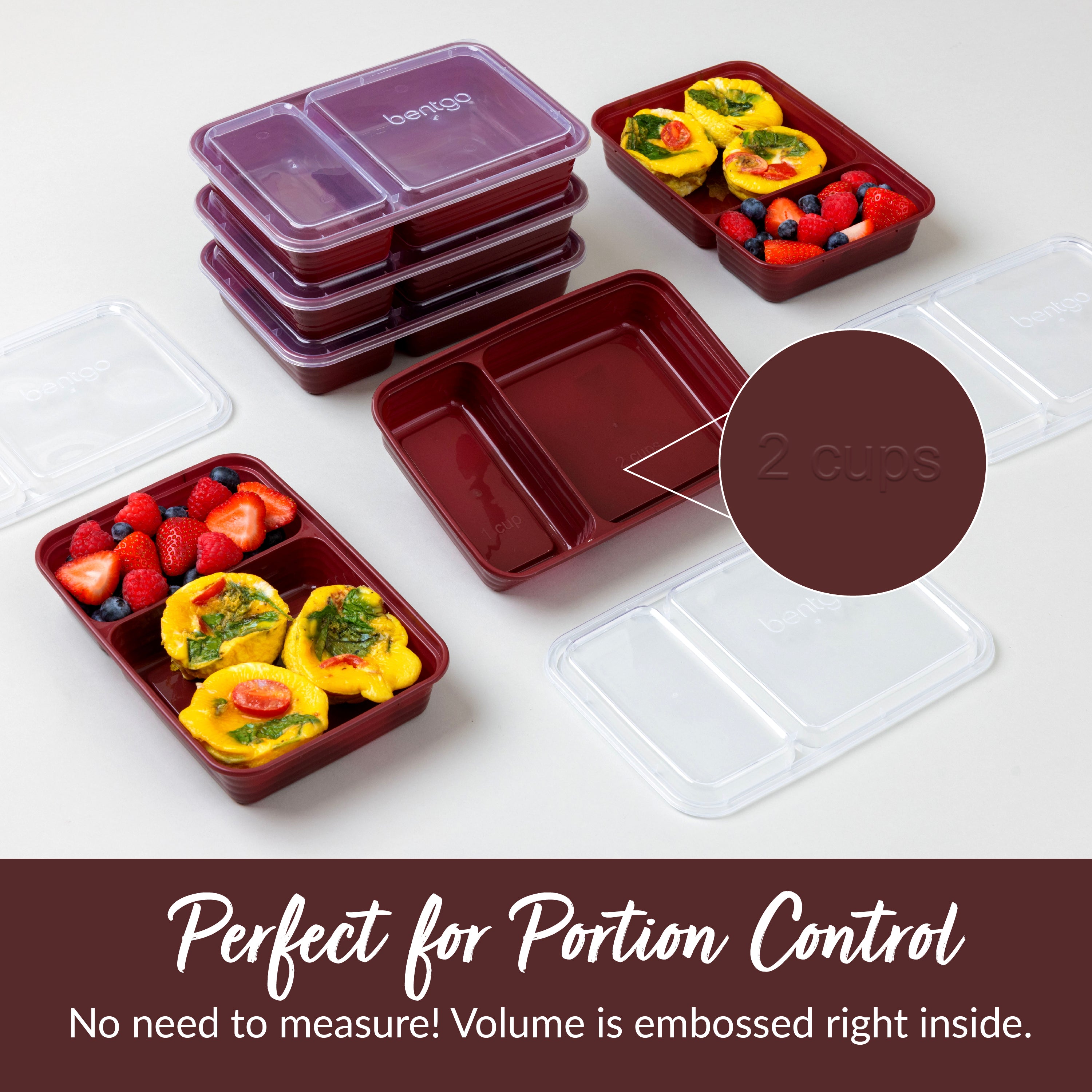 Bentgo® Prep 2-Compartment Meal Prep Containers (20-Piece) - Burgundy | Perfect For Portion Control - No Need To Measure! Volume Is Embossed Right Inside