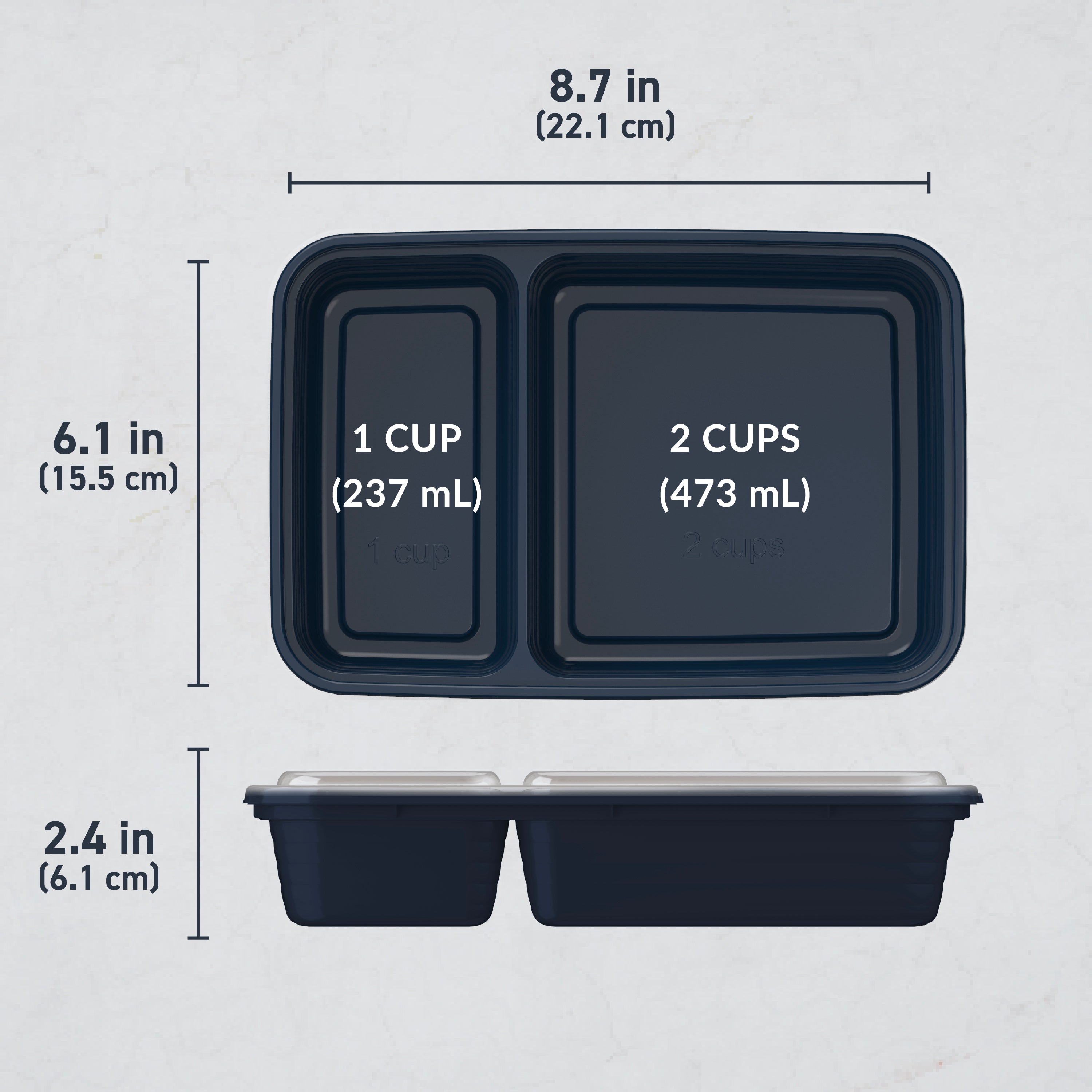 Bentgo® Prep 2-Compartment Meal Prep Containers (20-Piece) - Navy Blue | Dimensions