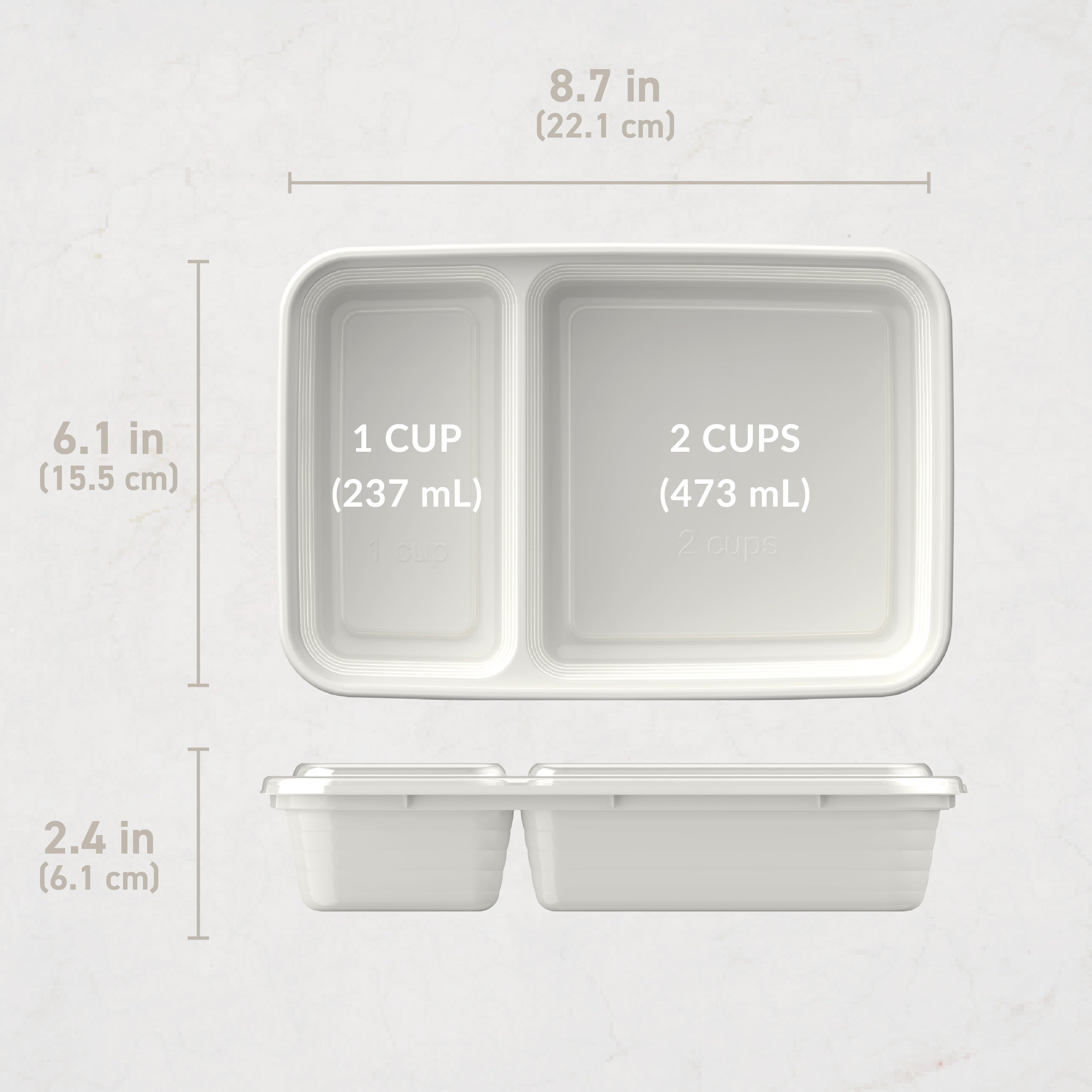 Bentgo® Prep 2-Compartment Meal Prep Containers (20-Piece) - Whisper Gray | Dimensions