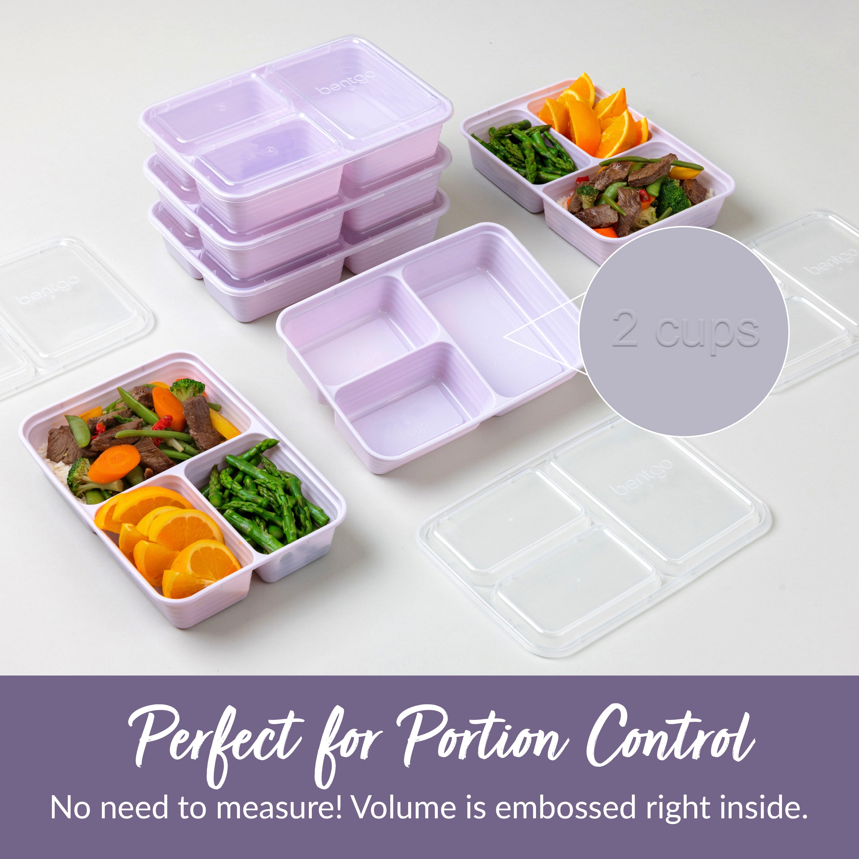 Bentgo® Prep 3-Compartment Meal Prep Containers (20-Piece) - Lilac | Perfect For Portion Control - No Need To Measure! Volume Is Embossed Right Inside