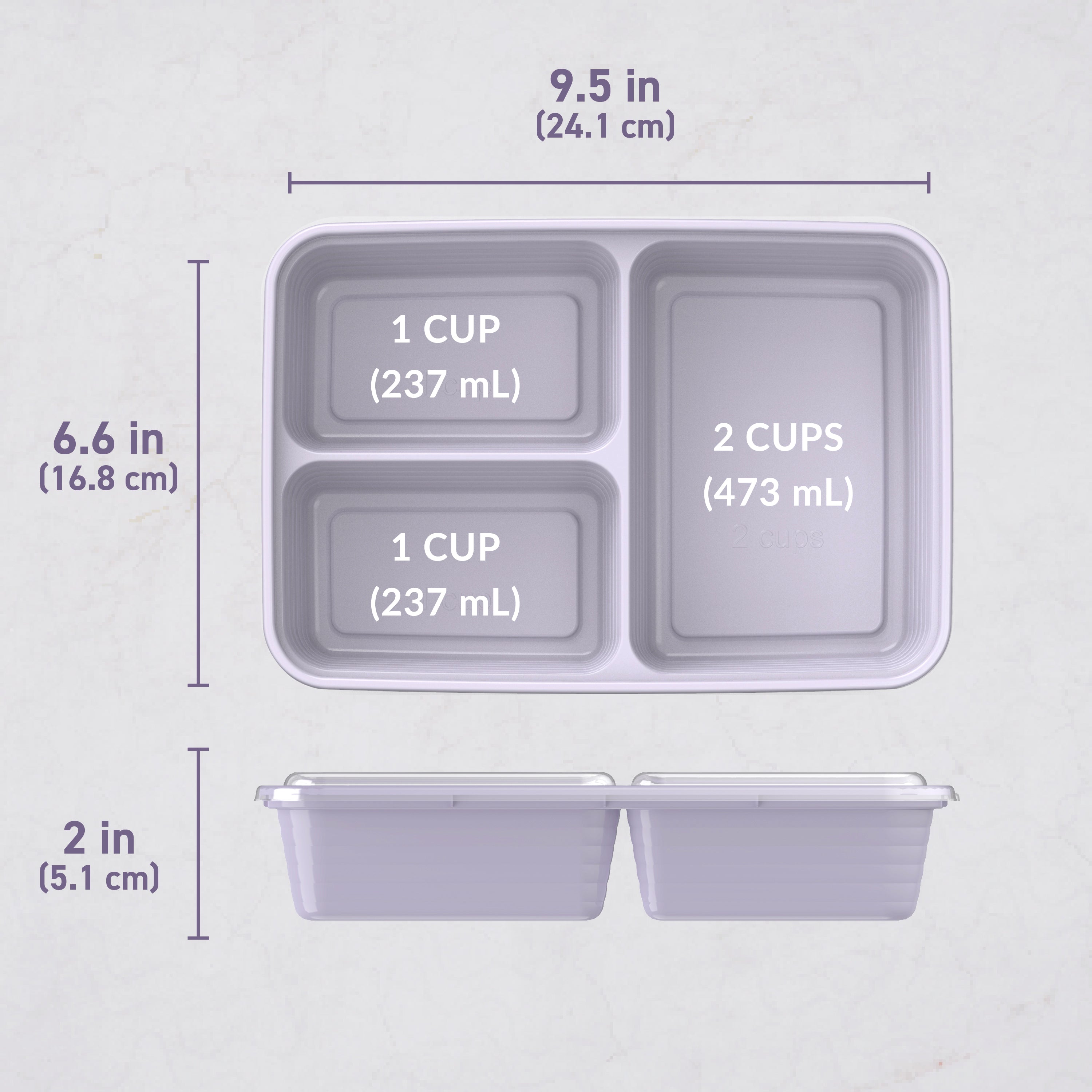 Bentgo® Prep 3-Compartment Meal Prep Containers (20-Piece) - Lilac | Dimensions