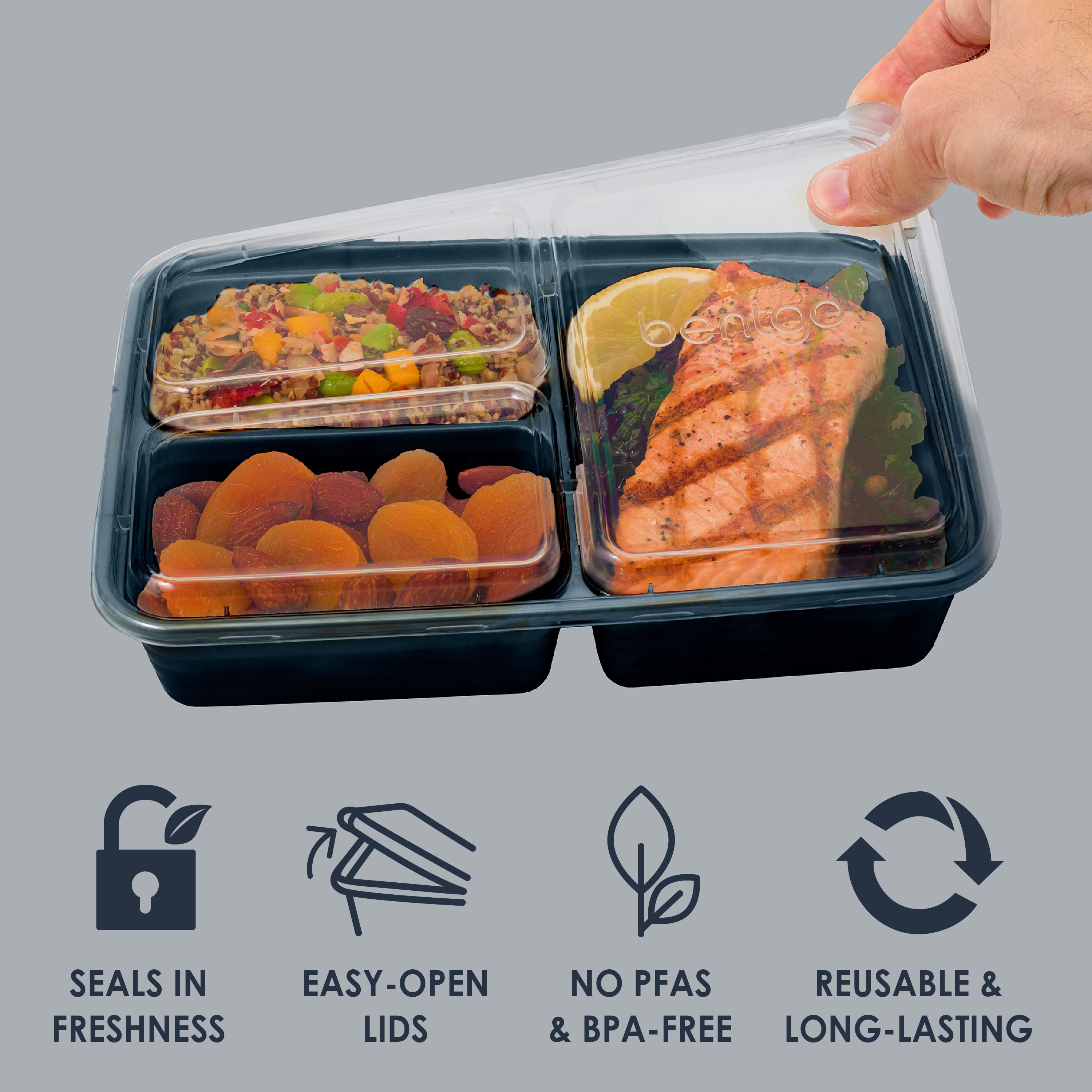 Bentgo® Prep 3-Compartment Meal Prep Containers (20-Piece) - Navy Blue | Seals In Freshness, Easy-Open Lids, NO PFAS & BPA-Free, Reusable & Long-Lasting
