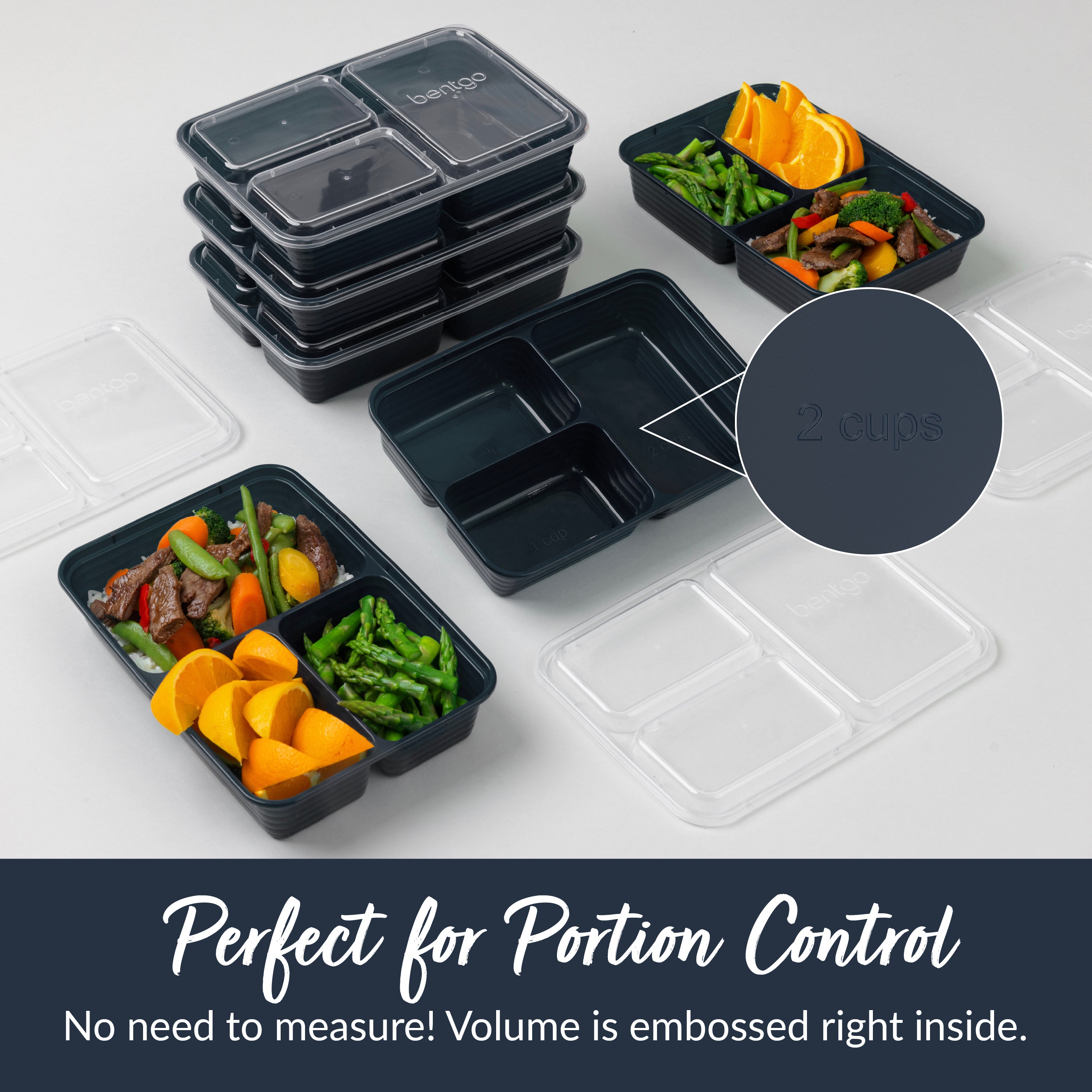 Bentgo® Prep 3-Compartment Meal Prep Containers (20-Piece) - Navy Blue | Perfect For Portion Control - No Need To Measure! Volume Is Embossed Right Inside