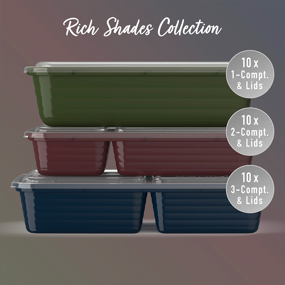 Bentgo® Prep 60-Piece Meal Prep Kit - Rich Shades | 10x 1-Compartment & Lids, 10x 2-Compartment Containers & Lids And 30x 3-Compartment Containers & Lids