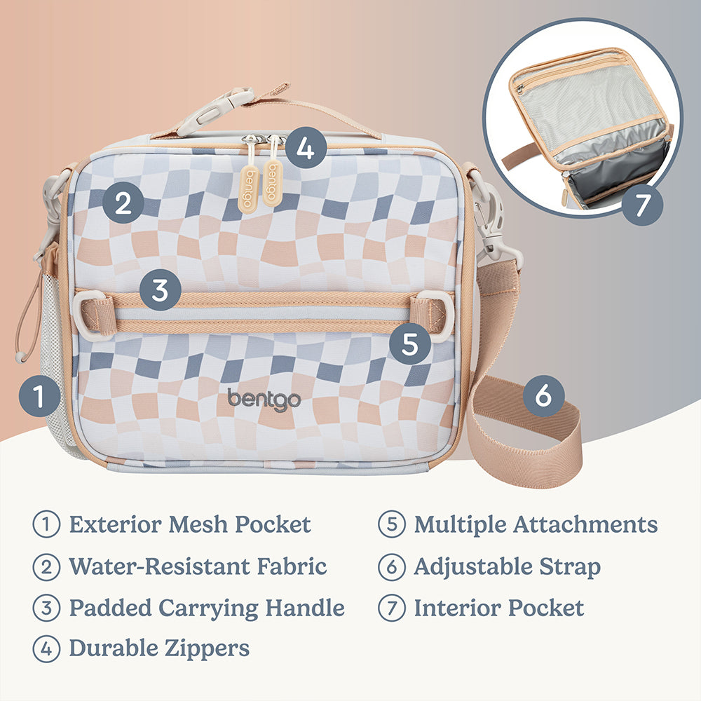 Bentgo® Kids Whimsy & Wonder Prints Lunch Bag - Checker Gradient | Lunch Bag Made With Water-Resistant Fabric, Durable Zippers, And Padded Carrying Handle
