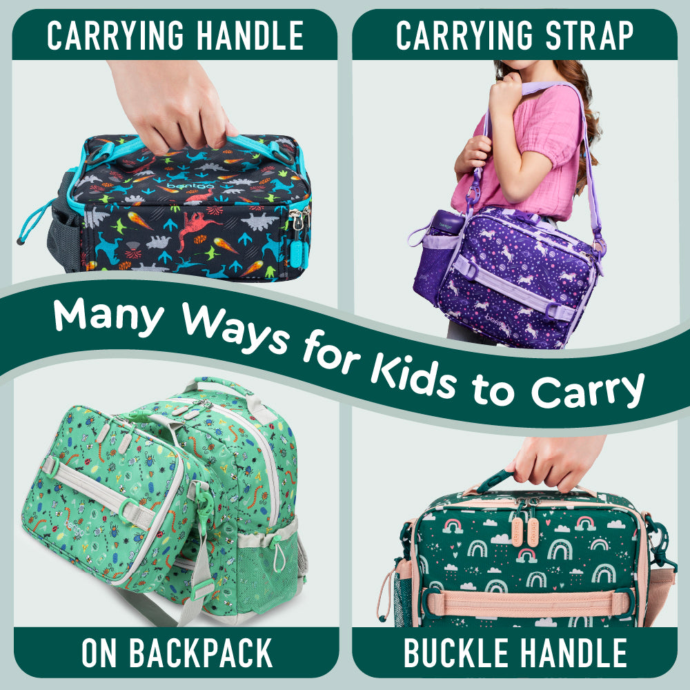 Bentgo® Kids Prints Lunch Bag - Green Rainbow | Many Ways For Kids To Carry - Carrying Handle, Shoulder Strap, On Backpack, And Buckle Handle
