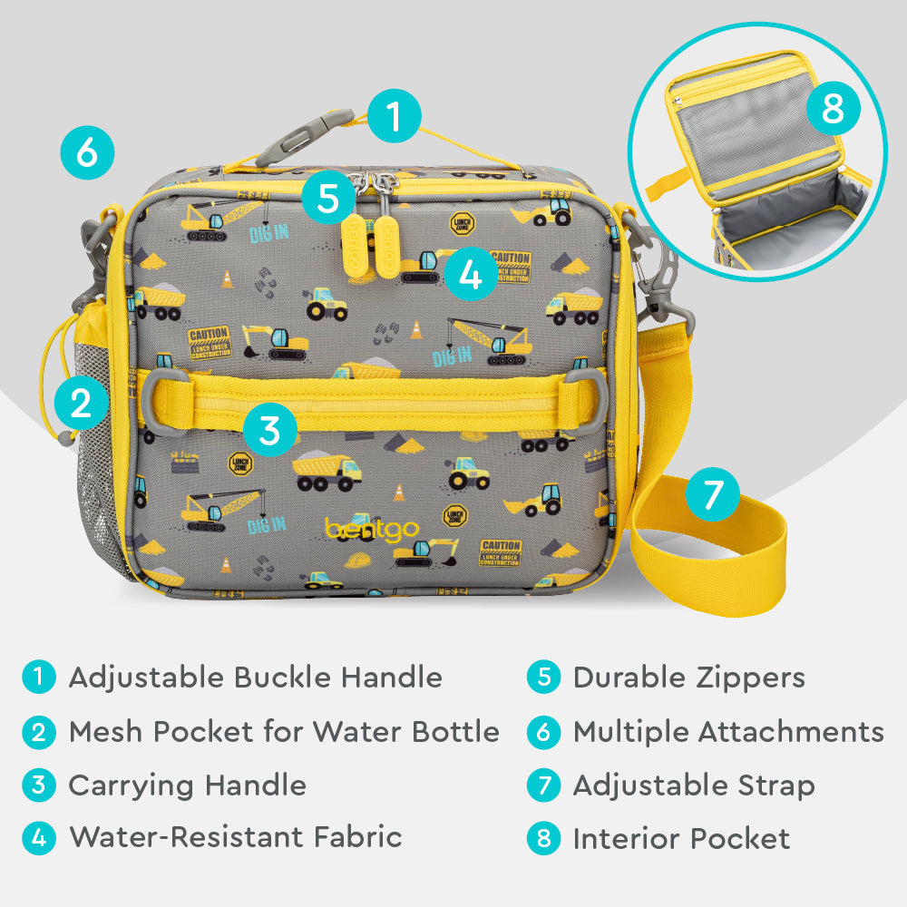 Bentgo® Kids Prints Lunch Bag - Construction Trucks | Adjustable Buckle Handle, Mesh Pocket for Water Bottle, Carrying Handle, Water-Resistant Fabric, Durable Zippers, Multiple Attachments, Adjustable Strap, Interior Pocket