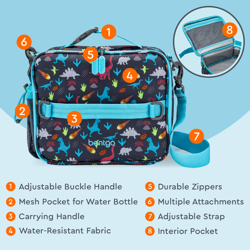 Bentgo® Kids Prints Lunch Bag - Dinosaur | Adjustable Buckle Handle, Mesh Pocket for Water Bottle, Carrying Handle, Water-Resistant Fabric, Durable Zippers, Multiple Attachments, Adjustable Strap, Interior Pocket