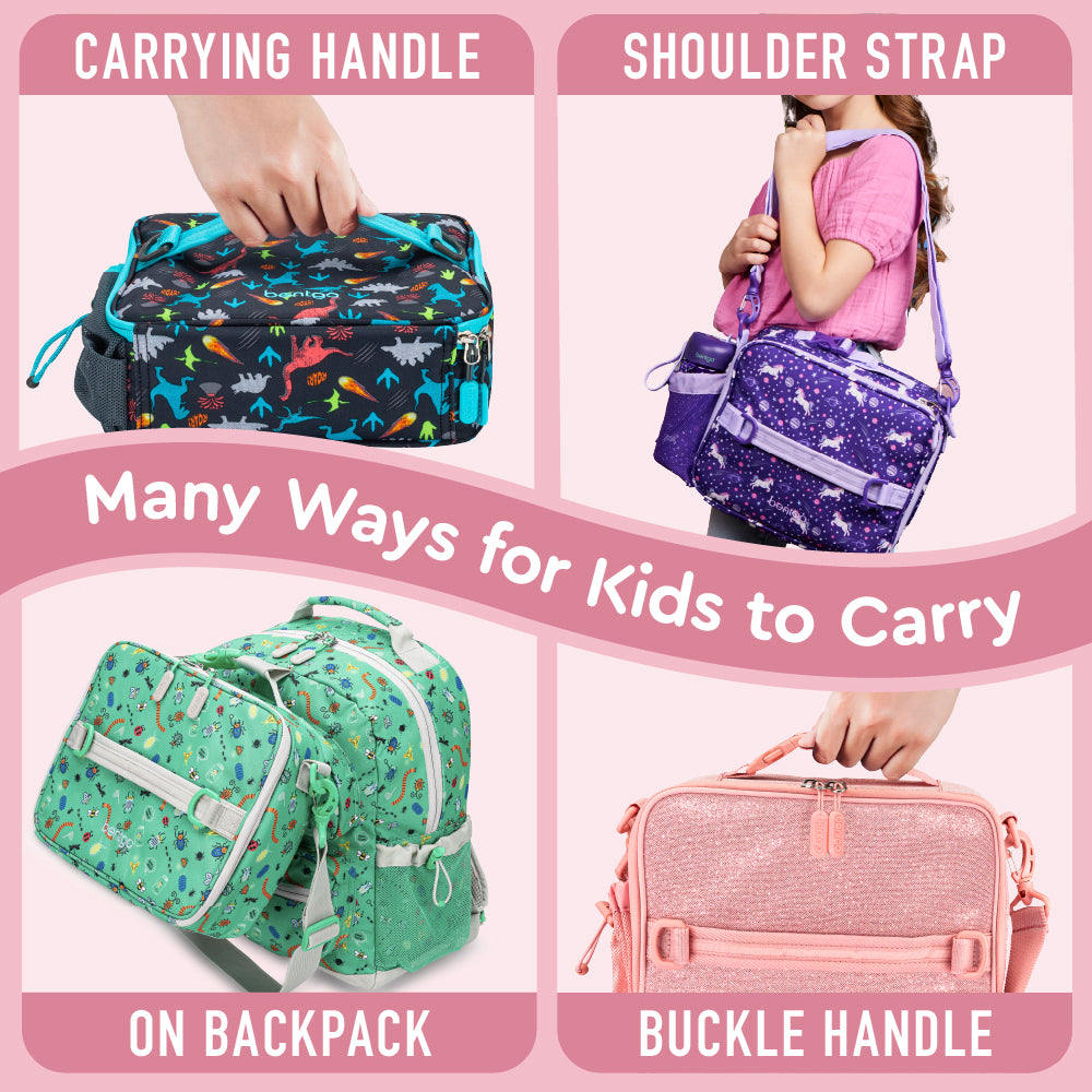 Bentgo® Kids Lunch Bag - Petal Pink Glitter | Many Ways For Kids To Carry - Carrying Handle, Shoulder Strap, On Backpack, And Buckle Handle