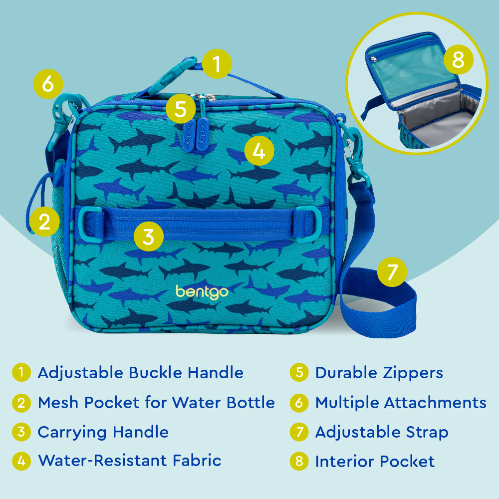 Bentgo® Kids Prints Lunch Bag - Sharks | Adjustable Buckle Handle, Mesh Pocket for Water Bottle, Carrying Handle, Water-Resistant Fabric, Durable Zippers, Multiple Attachments, Adjustable Strap, Interior Pocket