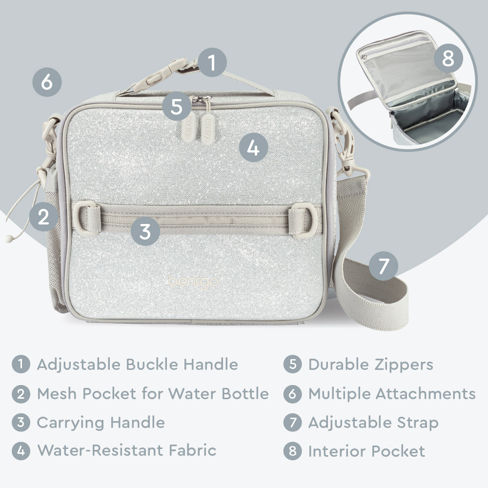 Bentgo® Kids Lunch Bag - Silver Glitter | Adjustable Buckle Handle, Mesh Pocket for Water Bottle, Carrying Handle, Water-Resistant Fabric, Durable Zippers, Multiple Attachments, Adjustable Strap, Interior Pocket