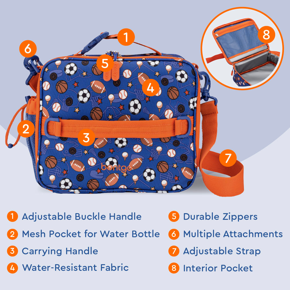 Bentgo® Kids Prints Lunch Bag - Sports | Adjustable Buckle Handle, Mesh Pocket for Water Bottle, Carrying Handle, Water-Resistant Fabric, Durable Zippers, Multiple Attachments, Adjustable Strap, Interior Pocket