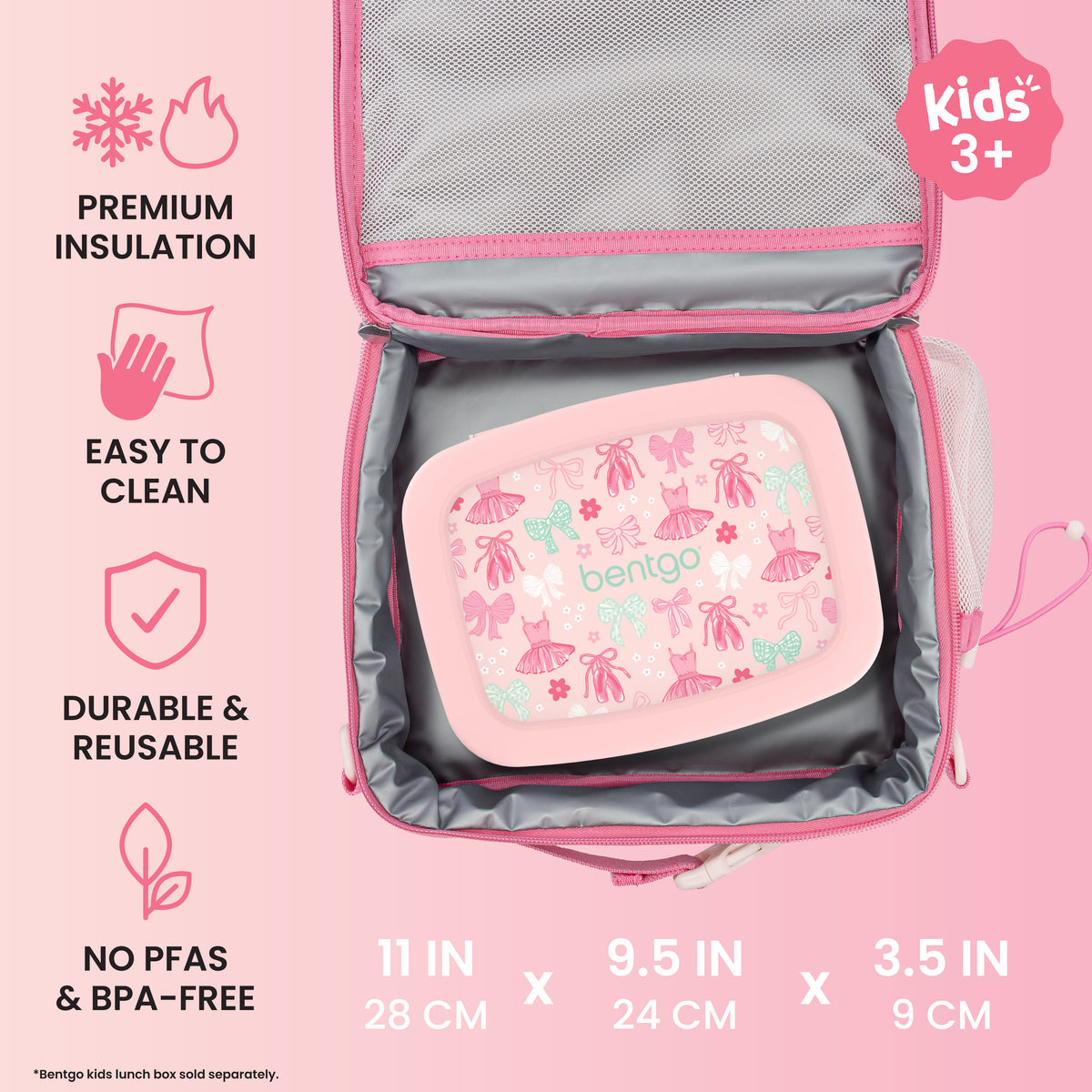 Bentgo® Kids Prints Lunch Bag - Ballet and Bows | Premium Insulation, Easy To Clean, Durable & Reusable, and No PFAs & BPA-Free | Product Dimensions