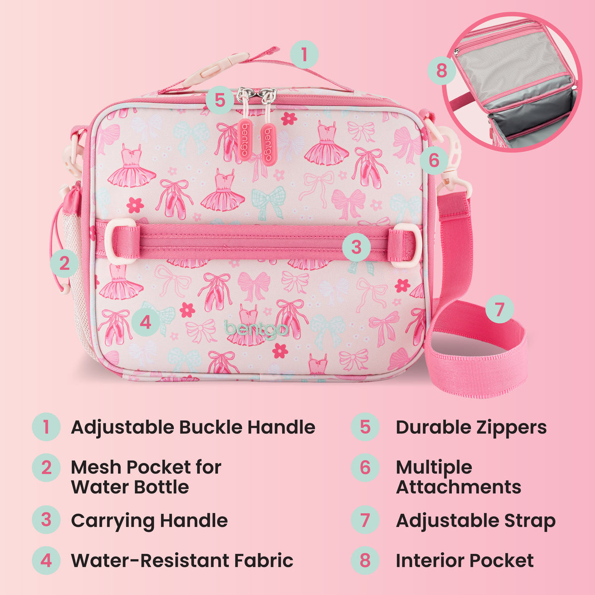 Bentgo® Kids Prints Lunch Bag - Ballet and Bows | Adjustable Buckle Handle, Mesh Pocket for Water Bottle, Carrying Handle, Water-Resistant Fabric, Durable Zippers, Multiple Attachments, Adjustable Strap, and Interior Pocket