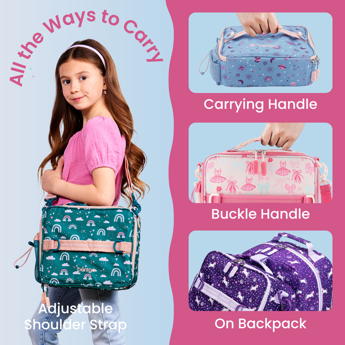 Bentgo® Kids Prints Lunch Bag - Blooming Floral | All The Ways To Carry - Carrying Handle, Buckle Handle, and On Backpack