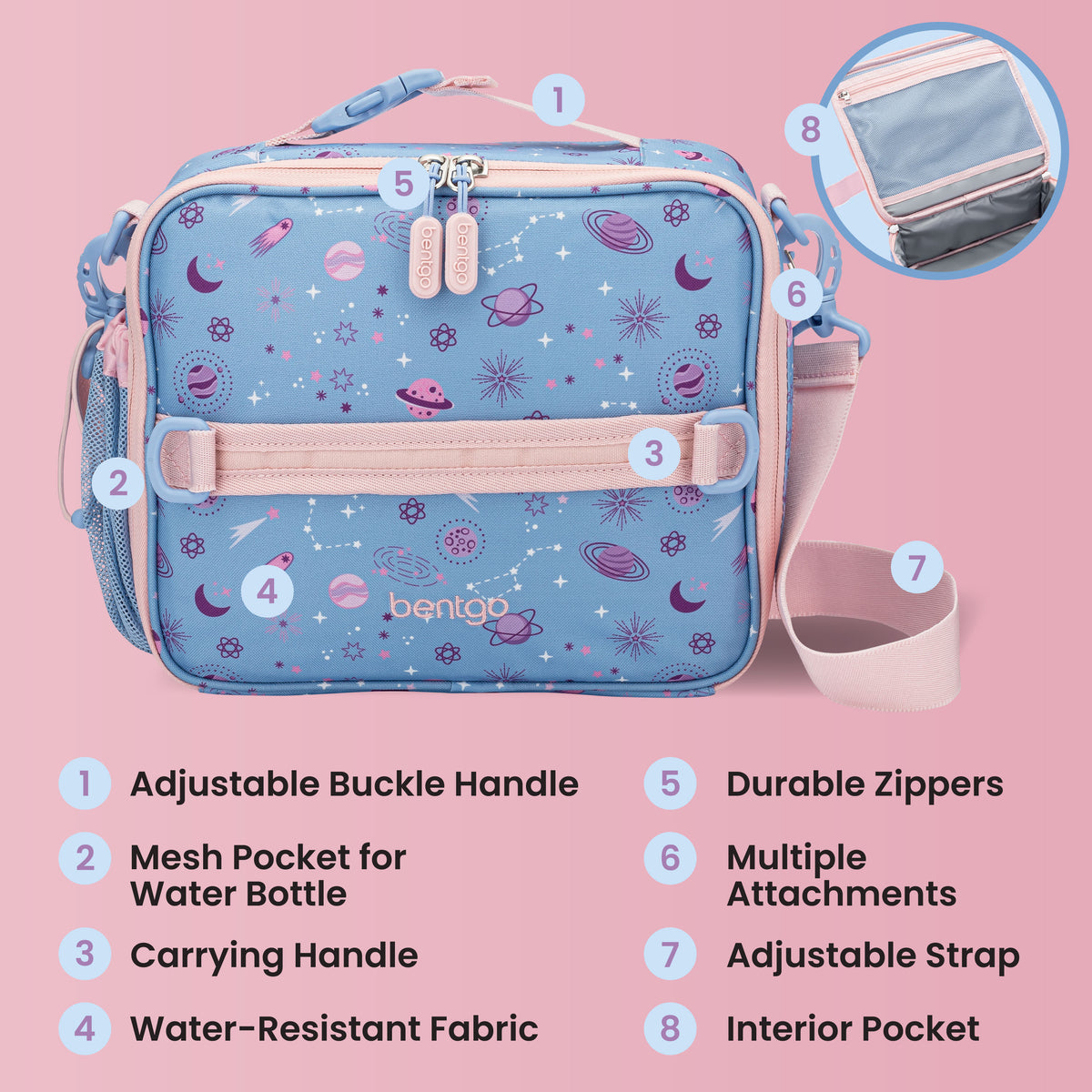Bentgo® Kids Prints Lunch Bag - Lavender Galaxy | Adjustable Buckle Handle, Mesh Pocket for Water Bottle, Carrying Handle, Water-Resistant Fabric, Durable Zippers, Multiple Attachments, Adjustable Strap, and Interior Pocket