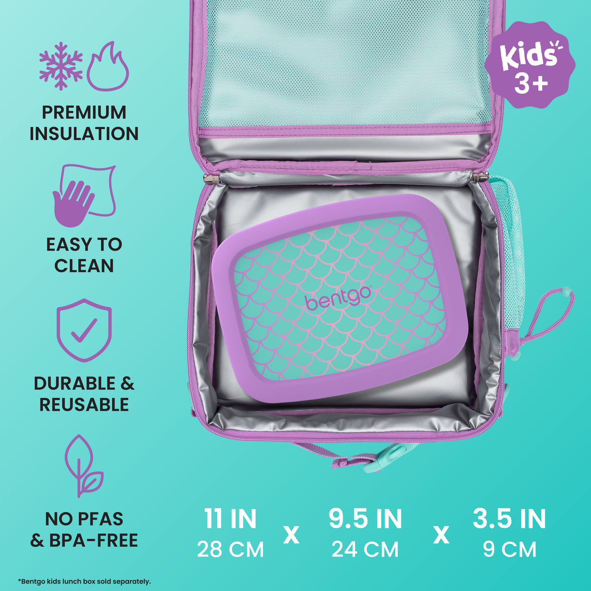 Bentgo® Kids Prints Lunch Bag - Mermaid Scales | Premium Insulation, Easy To Clean, Durable & Reusable, and No PFAs & BPA-Free | Product Dimensions