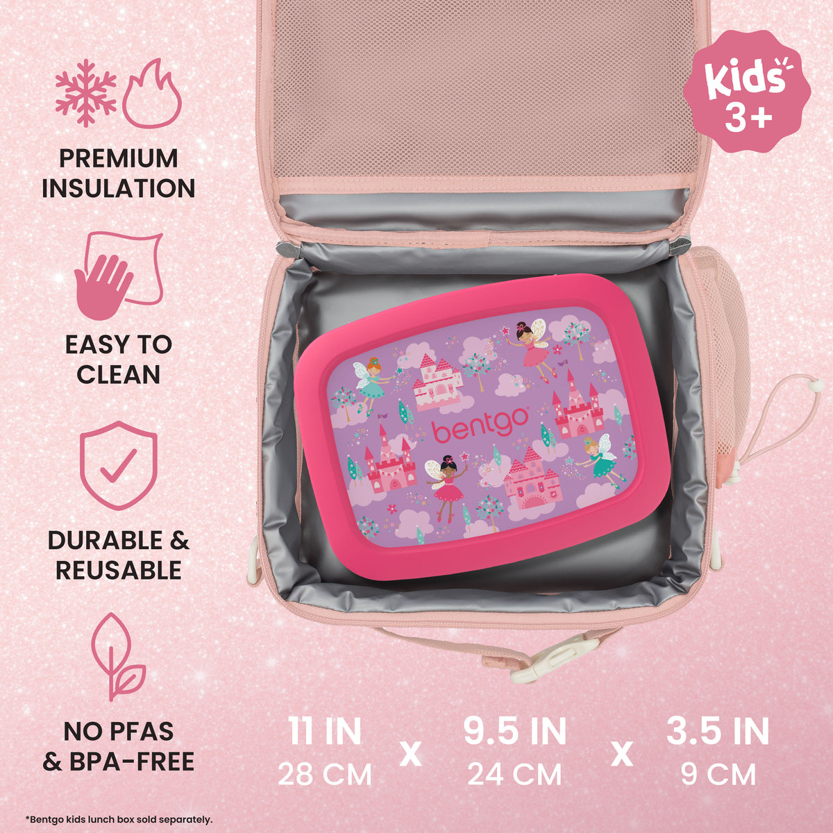 Bentgo® Kids Prints Lunch Bag - Petal Pink Glitter | Premium Insulation, Easy To Clean, Durable & Reusable, and No PFAs & BPA-Free | Product Dimensions