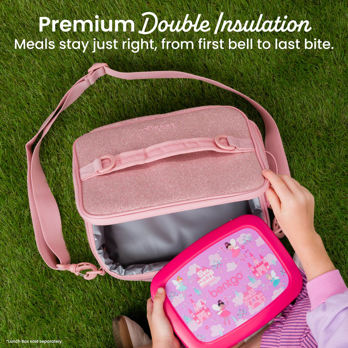 Bentgo® Kids Prints Lunch Bag - Petal Pink Glitter | Premium Double Insulation - Meals Stay Just Right, From First Bell To Last Bite