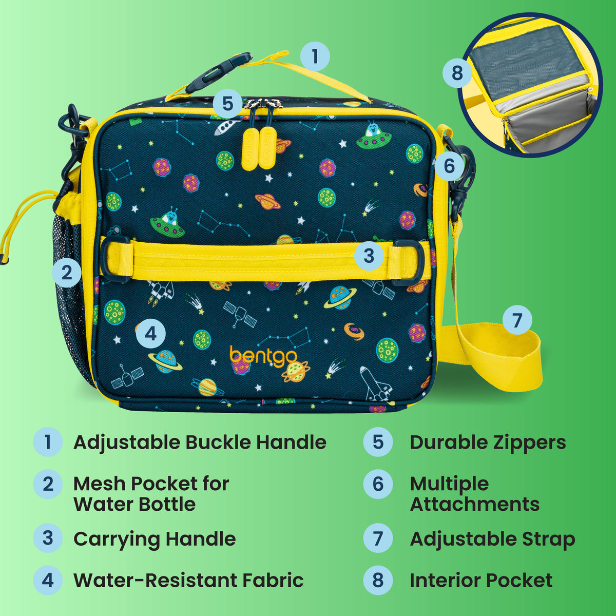 Bentgo® Kids Prints Lunch Bag - Space | Adjustable Buckle Handle, Mesh Pocket for Water Bottle, Carrying Handle, Water-Resistant Fabric, Durable Zippers, Multiple Attachments, Adjustable Strap, and Interior Pocket