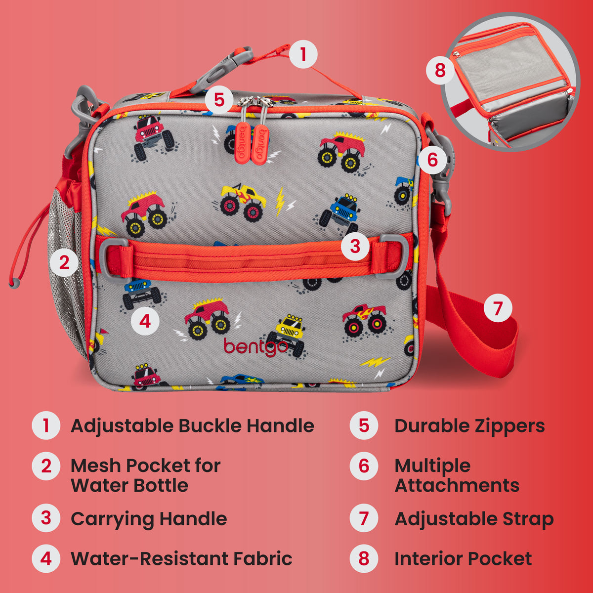 Bentgo® Kids Prints Lunch Bag - Trucks | Adjustable Buckle Handle, Mesh Pocket for Water Bottle, Carrying Handle, Water-Resistant Fabric, Durable Zippers, Multiple Attachments, Adjustable Strap, and Interior Pocket