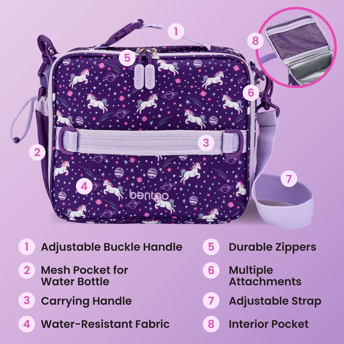 Bentgo® Kids Prints Lunch Bag - Unicorn | Adjustable Buckle Handle, Mesh Pocket for Water Bottle, Carrying Handle, Water-Resistant Fabric, Durable Zippers, Multiple Attachments, Adjustable Strap, and Interior Pocket