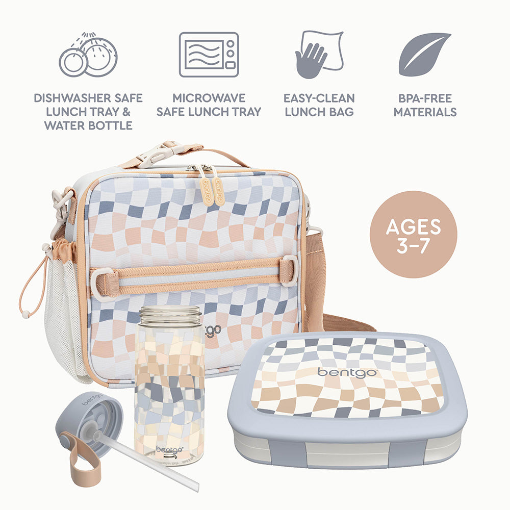 Bentgo Kids Whimsy & Wonder Prints Pack - Checker Gradient | Dishwasher Safe Lunch Tray & Water Bottle, Microwave Safe Lunch Tray, Easy-Clean Lunch Bag, And BPA-Free Materials