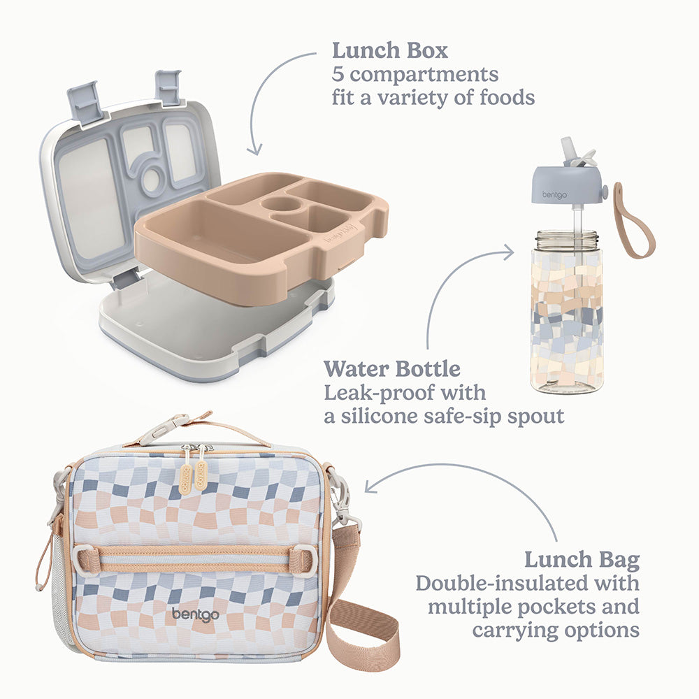Bentgo Kids Whimsy & Wonder Prints Pack - Checker Gradient | Lunch Box, Water Bottle, And Lunch Bag