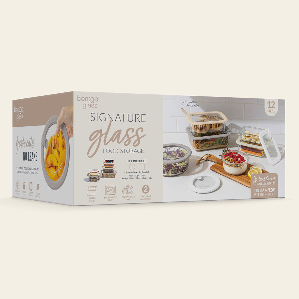 Bentgo Signature Glass Food Storage Set (12-Piece) - White Stone | Packaging