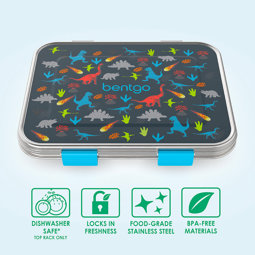 Bentgo® Kids Stainless Steel Prints Lunch Box - Dinosaur | Dishwasher Safe (Top Rack Only), Locks In Freshness, Food-Grade Stainless Steel, And Made With BPA-Free Materials
