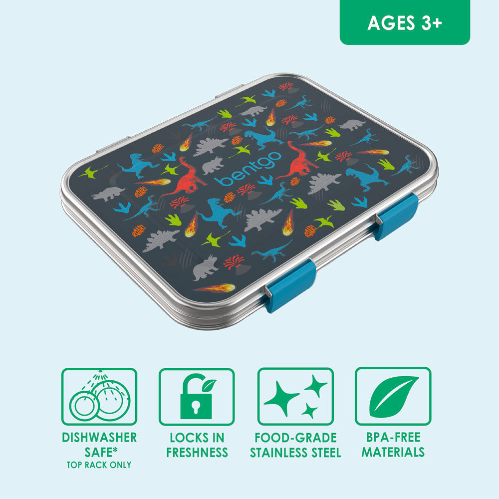 Bentgo® Kids Stainless Steel Prints Lunch Box - Dinosaur | Dishwasher Safe, Locks In Freshness, Food-Grade Stainless Steel, And Made With BPA-Free Materials