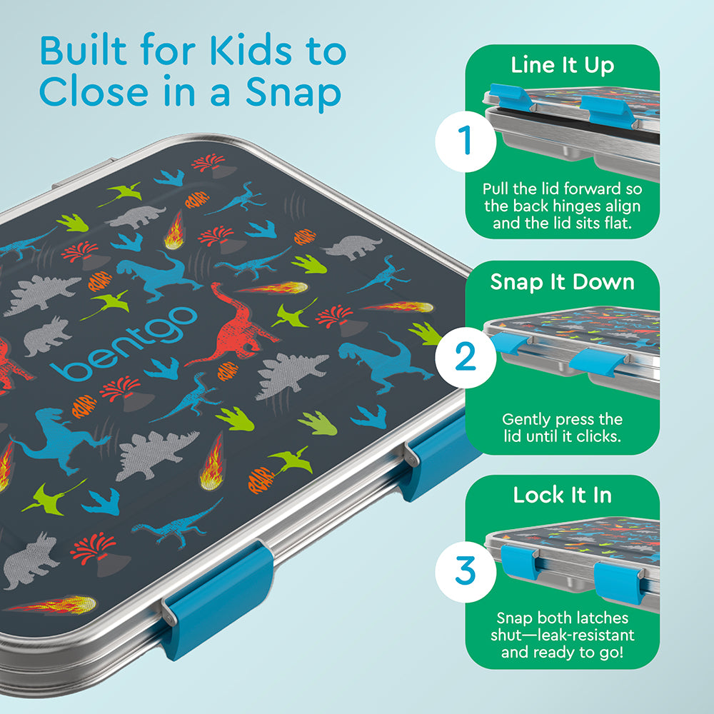 Bentgo® Kids Stainless Steel Prints Lunch Box - Dinosaur | Built for Kids to Close in a Snap | Line It Up, Snap It Down, and Lock It In