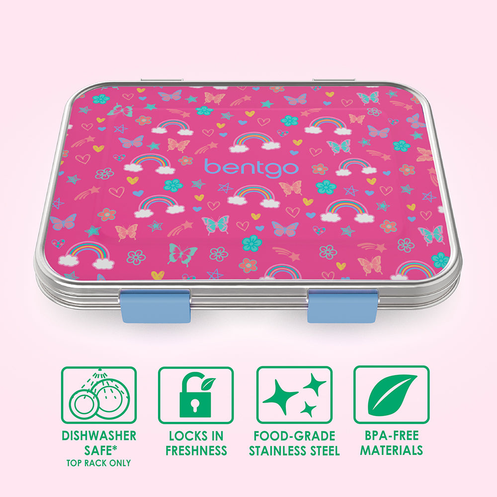 Bentgo® Kids Stainless Steel Prints Lunch Box - Rainbows and Butterflies | Dishwasher Safe (Top Rack Only), Locks In Freshness, Food-Grade Stainless Steel, And Made With BPA-Free Materials