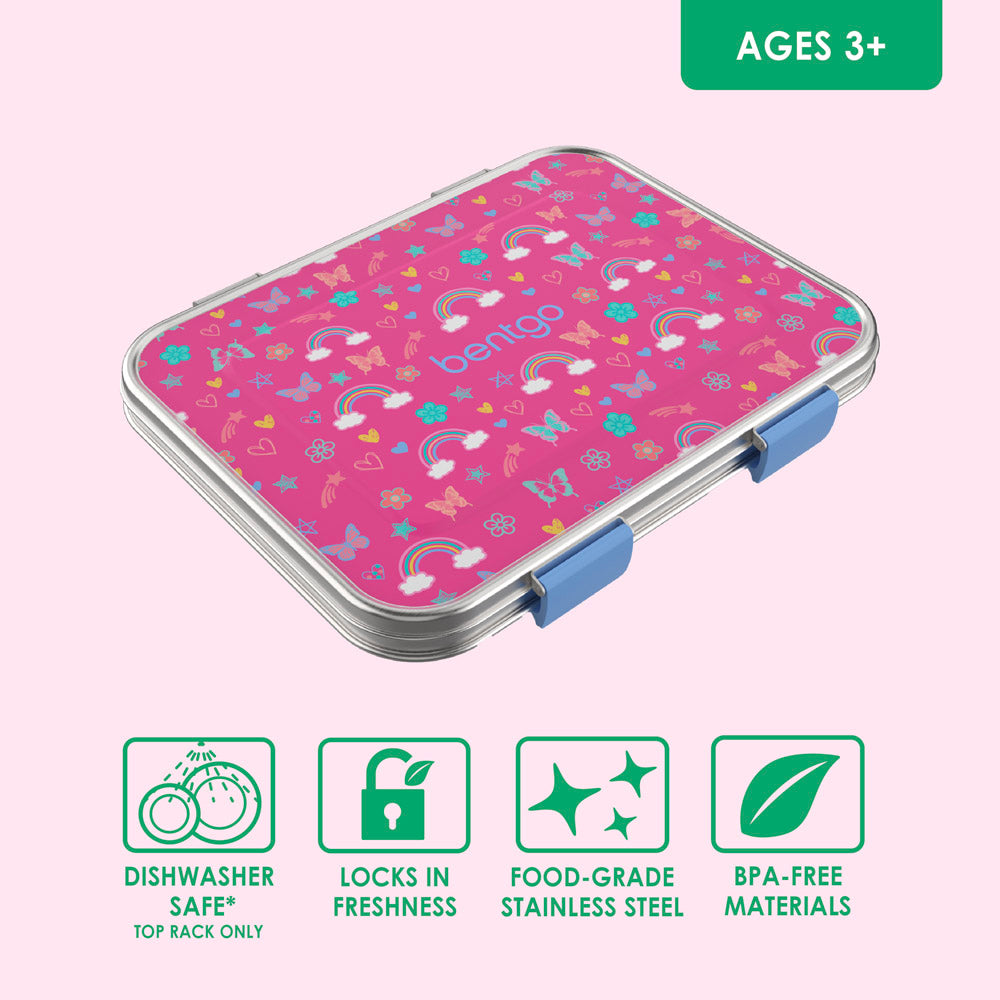 Bentgo® Kids Stainless Steel Prints Lunch Box - Rainbows and Butterflies | Dishwasher Safe, Locks In Freshness, Food-Grade Stainless Steel, And Made With BPA-Free Materials
