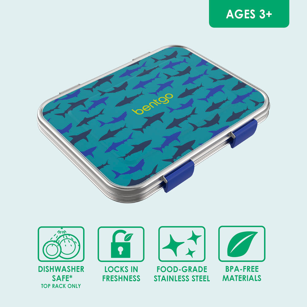 Bentgo® Kids Stainless Steel Prints Lunch Box - Sharks | Dishwasher Safe, Locks In Freshness, Food-Grade Stainless Steel, And Made With BPA-Free Materials