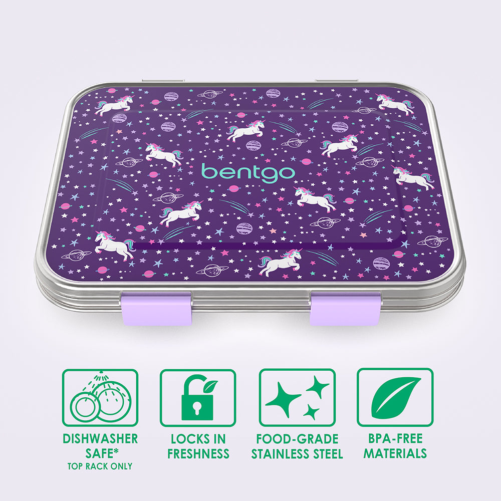 Bentgo® Kids Stainless Steel Prints Lunch Box - Unicorn | Dishwasher Safe (Top Rack Only), Locks In Freshness, Food-Grade Stainless Steel, And Made With BPA-Free Materials