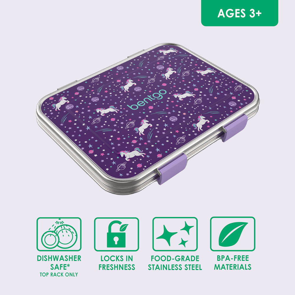 Bentgo® Kids Stainless Steel Prints Lunch Box - Unicorn | Dishwasher Safe, Locks In Freshness, Food-Grade Stainless Steel, And Made With BPA-Free Materials