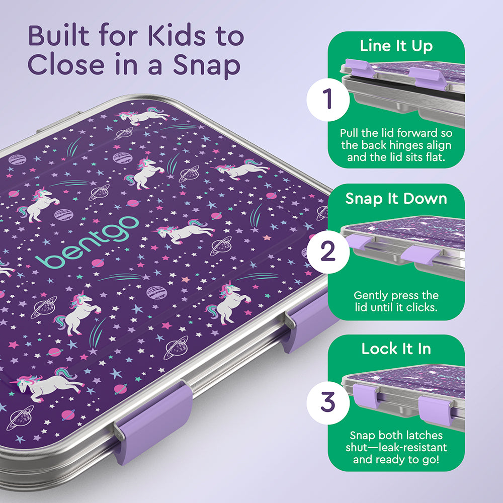 Bentgo® Kids Stainless Steel Prints Lunch Box - Unicorn | Built for Kids to Close in a Snap | Line It Up, Snap It Down, and Lock It In