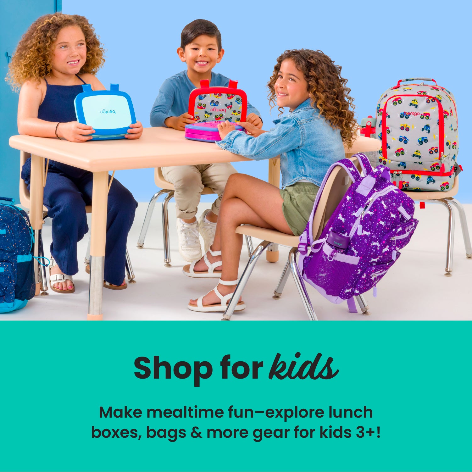 Children sitting at a table with lunch boxes and backpacks, promotional text for kids' products.