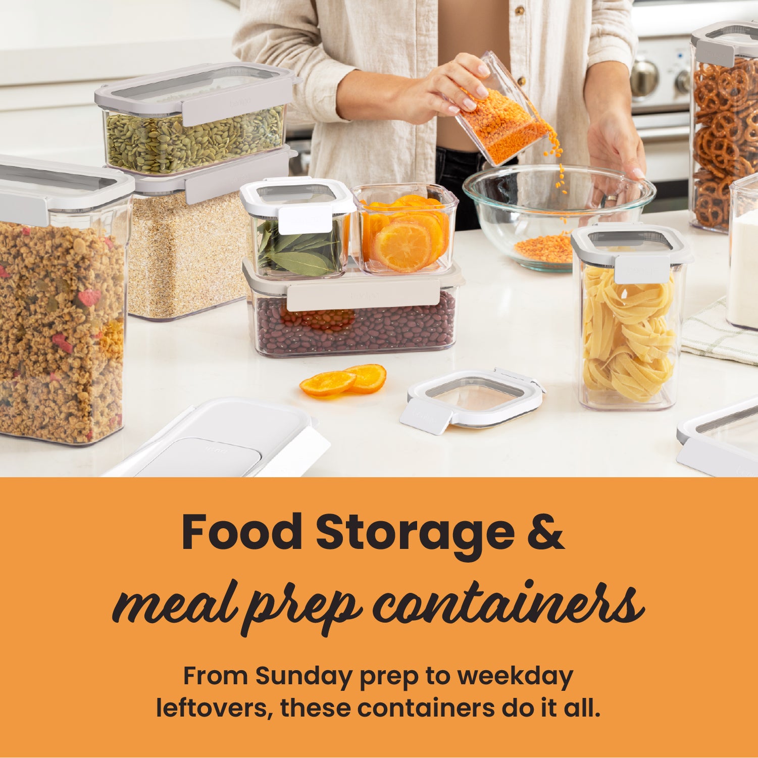 Person preparing food with various storage containers on a kitchen counter, with text about food storage and meal prep.
