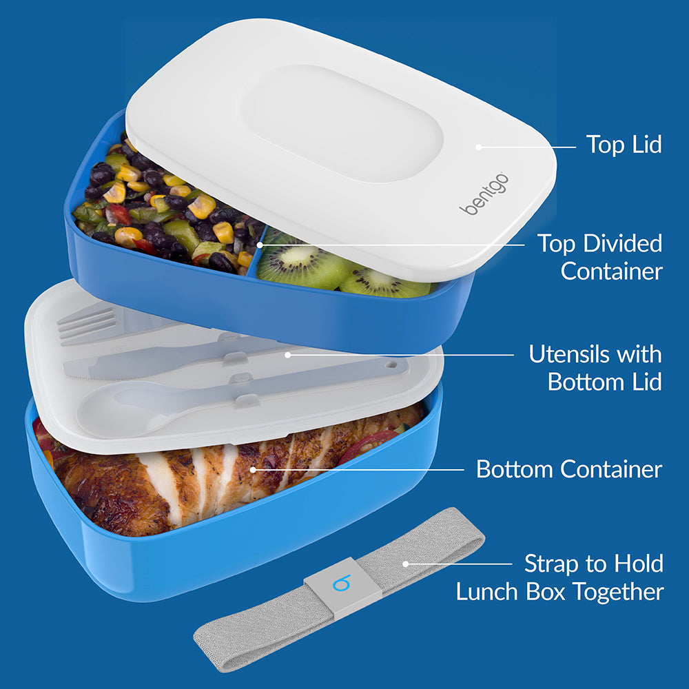 Bentgo® Classic Lunch Box (2-Pack) - Blue | Includes Top Lid, Top Divided Container, Utensils with Bottom Lid, Bottom Container, And Strap to Hold Lunch Box Together